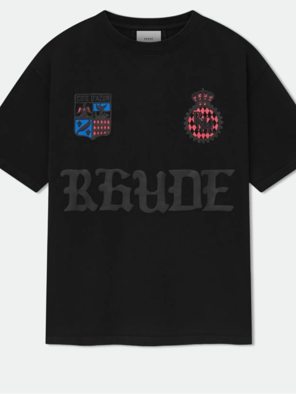 Rhude Black Crewneck T-Shirt with Red and Blue Crest Graphics